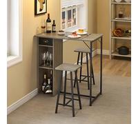 Ensemble Table de bar avec tabourets 3 pièces,Table Mange debout avec 2 chaises,2 étagère De Rangement et tiroir,Ensemble Table haute cuisine bois pour 2 Personnes ideal Petit Espace,Appartement(Gris)