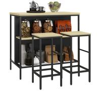 Ensemble table de bar et 2 tabourets HOMCOM style industriel avec étagère de rangement, repose-pieds, métal noir et aspect bois