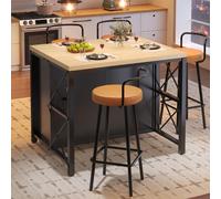 Ensemble table de bar et tabourets pour 4 personnes : table haute noire avec bande lumineuse LED, îlot de cuisine avec porte vitrée et tiroirs, plan de travail de cuisine moderne