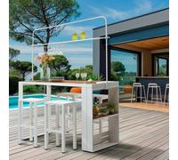 Ensemble table de bar - Hawaï - avec 4 tabourets et étagères - blanc etReproduction bois
