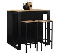 Ensemble table de bar îlot JUNO bois noir avec plateau façon hêtre et 2 tabourets de bar DETROIT