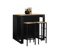 Ensemble table de bar îlot JUNO bois noir avec plateau façon hêtre et 2 tabourets de bar DETROIT