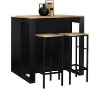 Ensemble table de bar îlot JUNO bois noir avec plateau façon hêtre et 2 tabourets de bar DETROIT