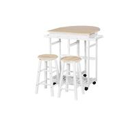 HOMCOM Ensemble Table de Bar Pliable sur roulettes 2 tabourets Blanc | Bois pin MDF, avec étagère et 2 tiroirs, meubles pour bar