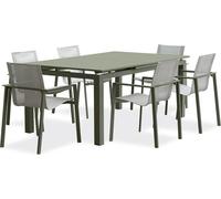 Ensemble Table de Jardin + 6 Fauteuils Miami, Kaki, Aluminium, Textilène Gris, Table Extensible 180/240x100 cm, Fauteuils Empilables