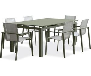 Ensemble Table de Jardin + 6 Fauteuils Miami, Kaki, Aluminium, Textilène Gris, Table Extensible 180/240x100 cm, Fauteuils Empilables