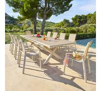 Ensemble table de jardin extensible AXIOME + 10 fauteuils empilables AXANT Lin Argile places - Aluminium traité époxy, ECP Hespéride