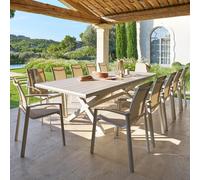 Ensemble table de jardin extensible AXIOME + 12 fauteuils empilables AXANT Lin Argile places - Aluminium traité époxy, ECP Hespéride