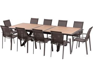 Ensemble table de jardin extensible AXIOME Effet bois honey + 10 fauteuils AXANT Praline places - Aluminium traité époxy, ECP Hespéride