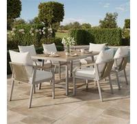 Ensemble Table de jardin - Salon de jardin complet pour 6 personnes - Structure acier et plateau composite imitation bois - Set table et chaises design tressé Khaki et Beige Khaki + Beige