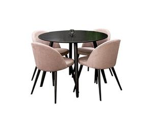 Ensemble Table de Repas 4 Chaises Côtelées Plaza & Velvet 100cm Noir et Rose Poudré