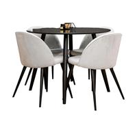 Ensemble Table de Repas & 4 Chaises en Velours Plaza & Velvet 100cm Noir & Gris Clair