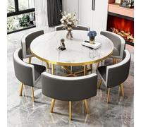 Ensemble table de salle à manger ronde avec 6 chaises en cuir PU, dossier doux, dessus en imitation marbre - Parfait pour le bureau ou les dîners, meubles élégants et confortables