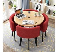 Ensemble table de salle à manger ronde moderne avec 4 chaises, 80 cm, fausse fourrure rouge, mobilier élégant et peu encombrant pour cuisine, salle à manger et salon, parfait pour des repas