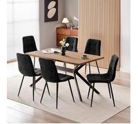 Ensemble table de salle à manger - WAFTING - Ensemble 6 places - Table rectang. 140x80x73 cm - Hêtre foncé - Chaises lin noir