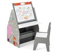Ensemble table et chaise 3-en-1 pour enfants - Table à dessin et chevalet - Tableau noir et tableau blanc magnétique - En bois avec panier de rangement en tissu - Gris clair