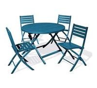 Ensemble repas de jardin rond 4 places en aluminium - bleu canard