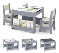 Ensemble table et chaise pour enfants COSTWAY, table d'activité 4-en-1 pour tout-petits avec plateau réversible, étagères et boîtes de rangement, table pour enfants, couleur grise