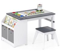 Ensemble table et chaise pour enfants COSTWAY, table d'activités avec espace de rangement, ensemble de sièges pour enfants avec support pour rouleaux de papier, 4 pots de peinture et 2 paniers en tiss