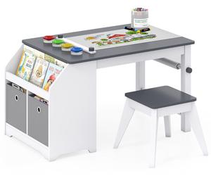 Ensemble table et chaise pour enfants COSTWAY, table d'activités avec espace de rangement, ensemble de sièges pour enfants avec support pour rouleaux de papier, 4 pots de peinture et 2 paniers en tiss