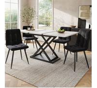 Ensemble Table et Chaises 160 x 80 x 75 cm 4 Chaises Table à Manger Extensible Velours Noir Effet Marbre Blanc