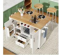 Ensemble table et chaises avec 1 ilot central 2 tabourets et plan de travail rabattable - MEUNIQ - MDF et métal - Blanc