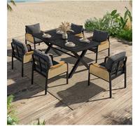Ensemble Table et Chaises de Jardin 6 Personnes avec Coussins - MODENVIE - Accoudoirs Effet Rotin, Métal, Noir et Naturel