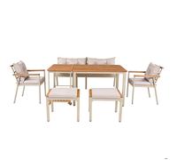 Ensemble table et chaises de jardin en acacia beige, 6 personnes, desserte amovible à roulettes