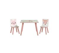 Ensemble table et chaises enfant motif renards lapin - table carrée + 2 chaises - bois pin MDF rose