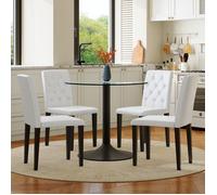 Ensemble table et chaises modernes - Table ronde en verre 85 cm - 4 chaises en PU blanc - Base métallique noire