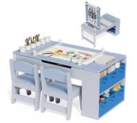 Ensemble table et chaises pour enfants - 3 en 1 : table à dessin et table de jeu - Réglable en hauteur - Table en bois avec 2 chaises - Espace de rangement et chevalet - Rouleau de papier et pots de p