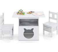 Ensemble table et chaises pour enfants avec maison pour chat, 2 chaises et boîtes de rangement.