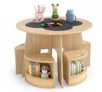 Ensemble table et chaises pour enfants COSTWAY, ensemble 5 pièces en bois avec 4 tabourets de rangement, table à dessin, ensemble de sièges pour enfants à partir de 3 ans, 70 x 70 x 49 cm