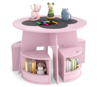 Ensemble table et chaises pour enfants COSTWAY, ensemble 5 pièces en bois avec 4 tabourets de rangement, table à dessin, ensemble de sièges pour enfants à partir de 3 ans, 70 x 70 x 49 cm, rose