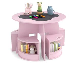 Ensemble table et chaises pour enfants COSTWAY, ensemble 5 pièces en bois avec 4 tabourets de rangement, table à dessin, ensemble de sièges pour enfants à partir de 3 ans, 70 x 70 x 49 cm, rose