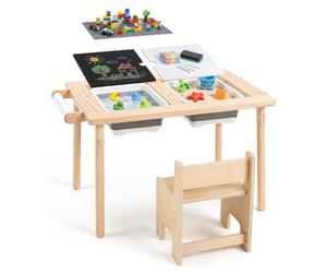 Ensemble table et chaises pour enfants COSTWAY, ensemble de mobilier pour enfants en bois avec plateau de table, 2 boîtes de rangement, 2 plateaux de jeux de construction, rouleau de papier, 2 crochet