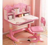 Ensemble table et chaises pour enfants, table et chaise d'étude réglables en hauteur avec tiroir, grande étagère de bureau, motif château, bureau et chaise pour filles à la maison, l'école (rose)