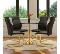 Ensemble table et chaises ronde en verre trempé avec un pied en métal doré, Table à manger avec 4 chaises modernes noir et or