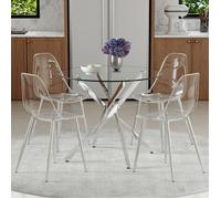 Ensemble table et chaises ronde en verre trempé de 88 cm de diamètre, Table à manger avec 4 chaises transparentes en plastique
