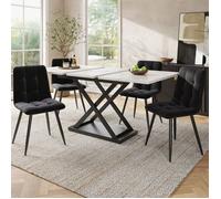 Ensemble Table et Chaises Salle a Manger 160 x 80 cm, Table a Manger avec 4 Chaises en Velours Noir, Table en Marbre Blanc Marbré.