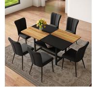 Ensemble table et chaises salle a manger avec des pieds en métal noir, Table et 6 chaises salle a manger en noir, PU, 160x90x76 cm
