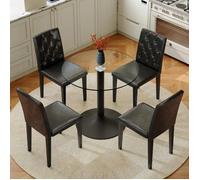 Ensemble table et chaises salle a manger ronde en verre trempé, Table à manger avec 4 chaises en PU, Dossier orné de boutons