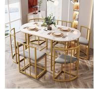 Ensemble Table et Chaises Salle a Manger, Table a Manger avec 6 Chaises, Chaises avec rembourrage gris, Structure en Fer Doré