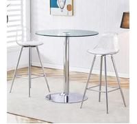 Ensemble table et chaises salle a manger, table en verre de 89 cm + 2 tabourets à pieds blancs, réglables en hauteur et pivotants