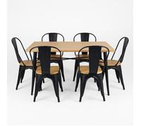 Ensemble Table et Chaises Style Industriel, Métal Noir Mat et Bois Clair Naturel, 140x80 cm