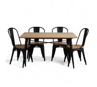 Ensemble Table et Chaises Style Industriel, Métal Noir Mat et Bois Naturel Clair, 120x80cm - Design Factory
