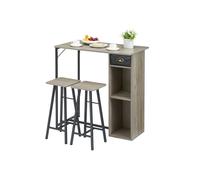 Ensemble table et tabourets de bar, avec 1 table et 2 chaises, table de cuisine avec 2 étagères et 1 tiroir, 91x50x90 cm Gris