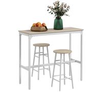Ensemble table haute de bar + 2 tabourets structure en acier plateau aspect bois naturel 2 personnes blanc