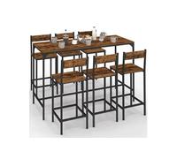 Ensemble table haute de bar DAYTON 150 cm et 6 tabourets avec dossier effet vieilli design industriel