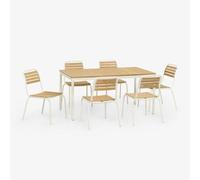 Ensemble table rectangulaire 160x90 cm et 6 chaises de salle à manger empilables en acier et bois d'acacia Artus Blanc Gardenia